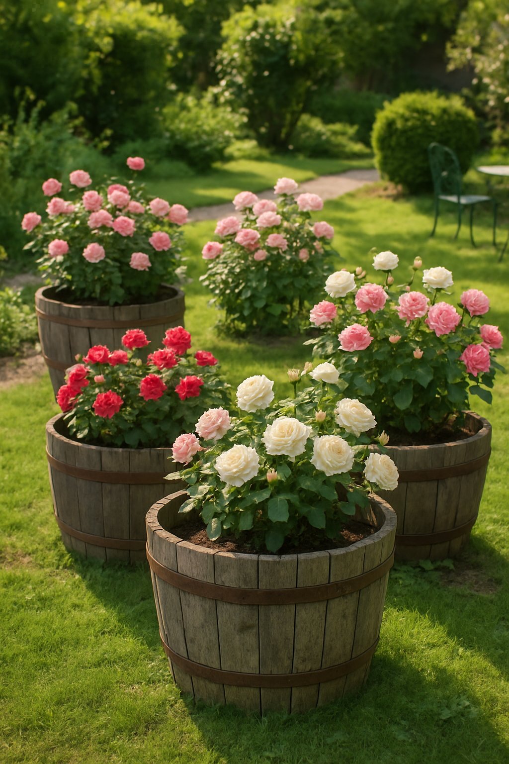 Backyard garden with vintage wooden barrels used as planters filled with blooming roses.