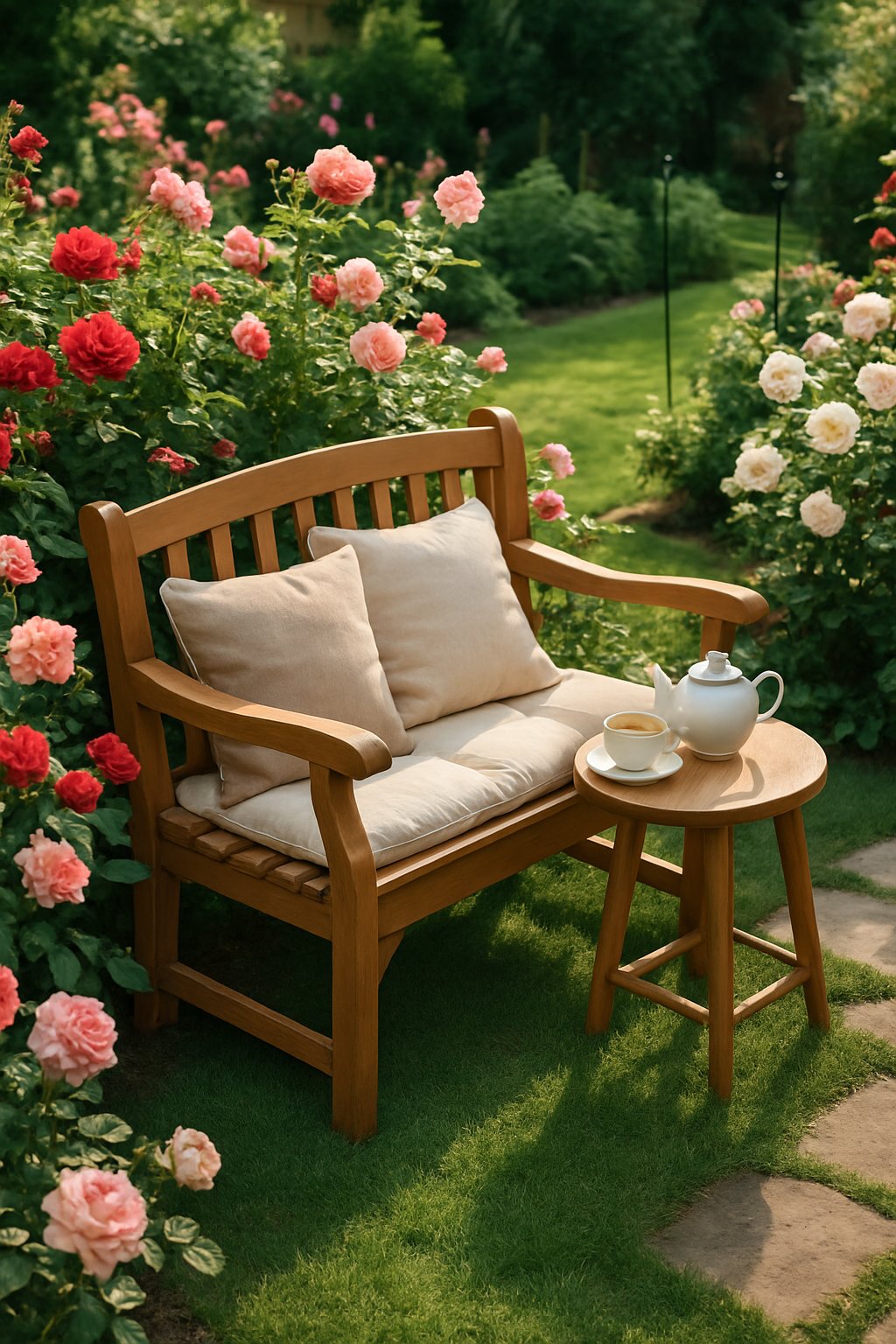 A cozy wooden bench surrounded by blooming rose bushes in a backyard garden with a cup of tea on a small side table.
