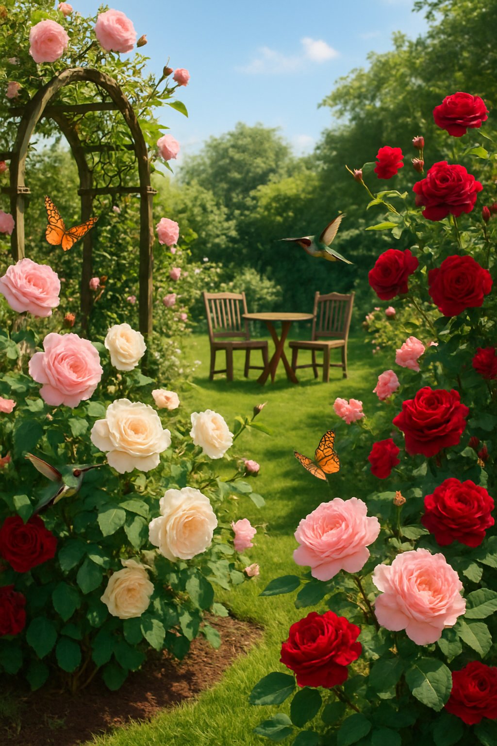 A backyard garden with blooming old garden roses, butterflies flying around, and hummingbirds feeding on the flowers.