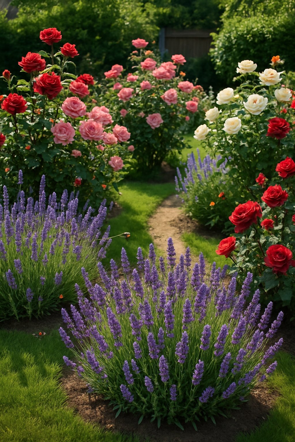 A backyard garden filled with blooming roses and lavender plants with bees and butterflies pollinating the flowers.