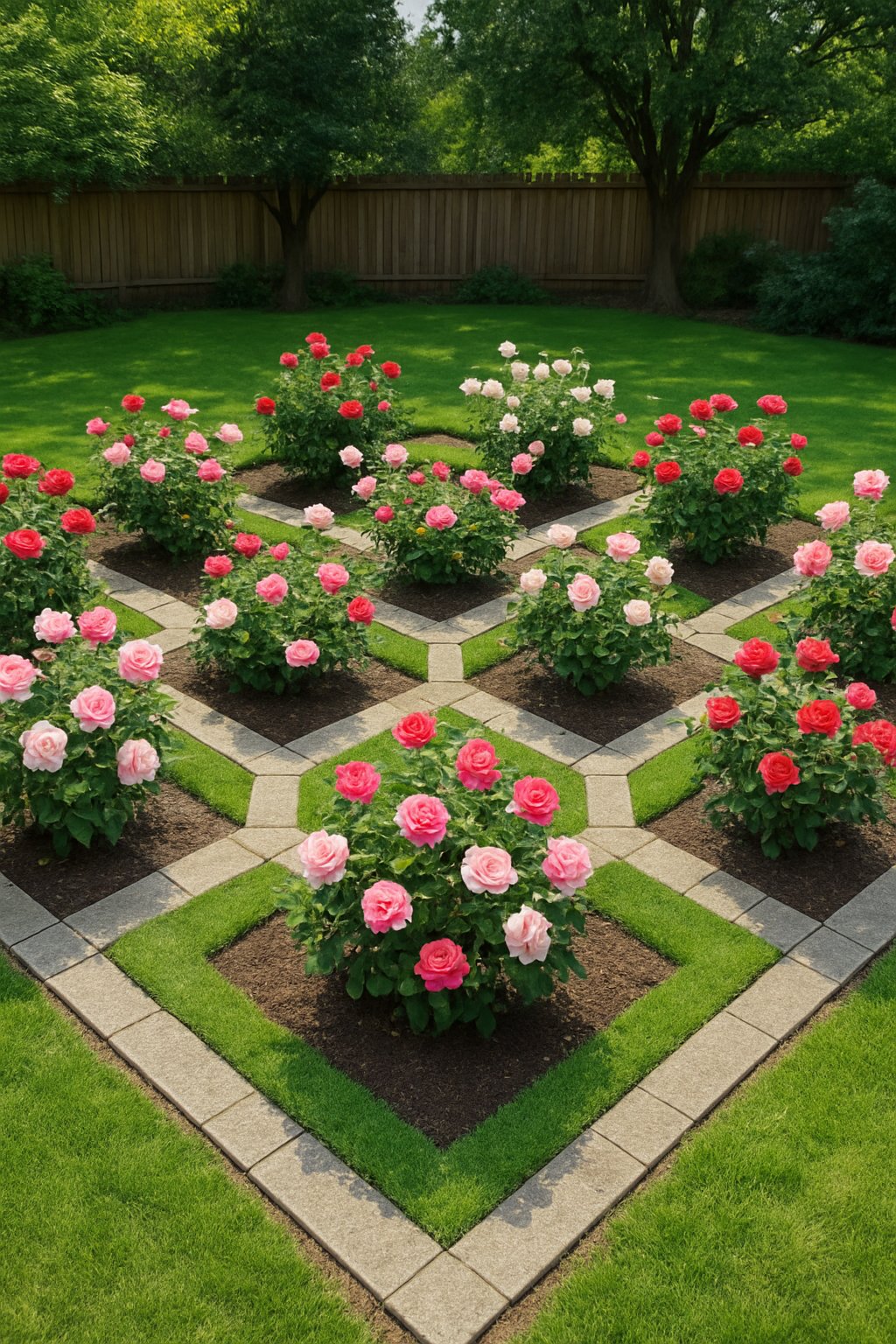 A backyard garden with a symmetrical layout of blooming rose bushes arranged in neat, balanced beds surrounded by green grass and stone pathways.