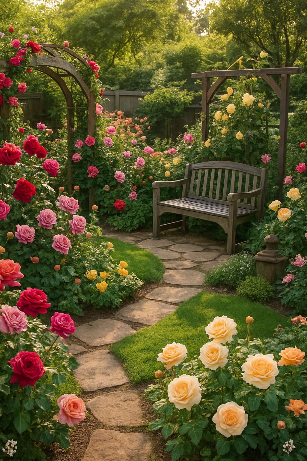 A backyard garden filled with various colorful heirloom roses blooming along stone pathways and wooden benches.
