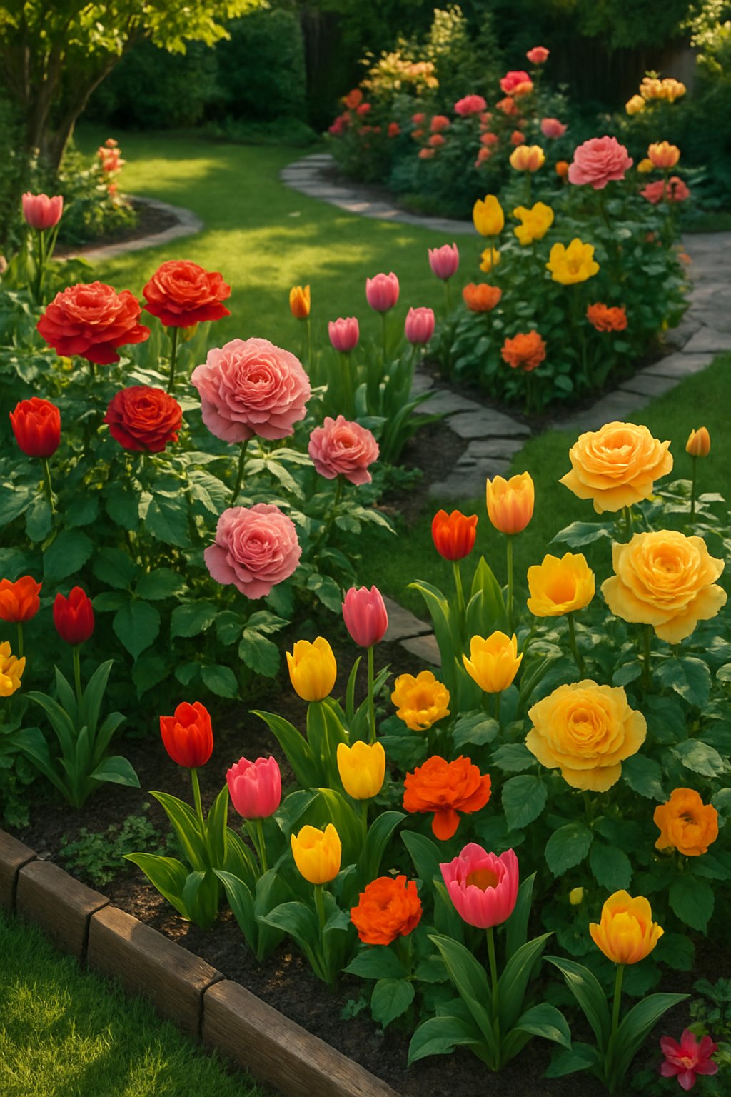 A backyard garden with blooming roses and colorful tulips surrounded by green foliage and a stone pathway.