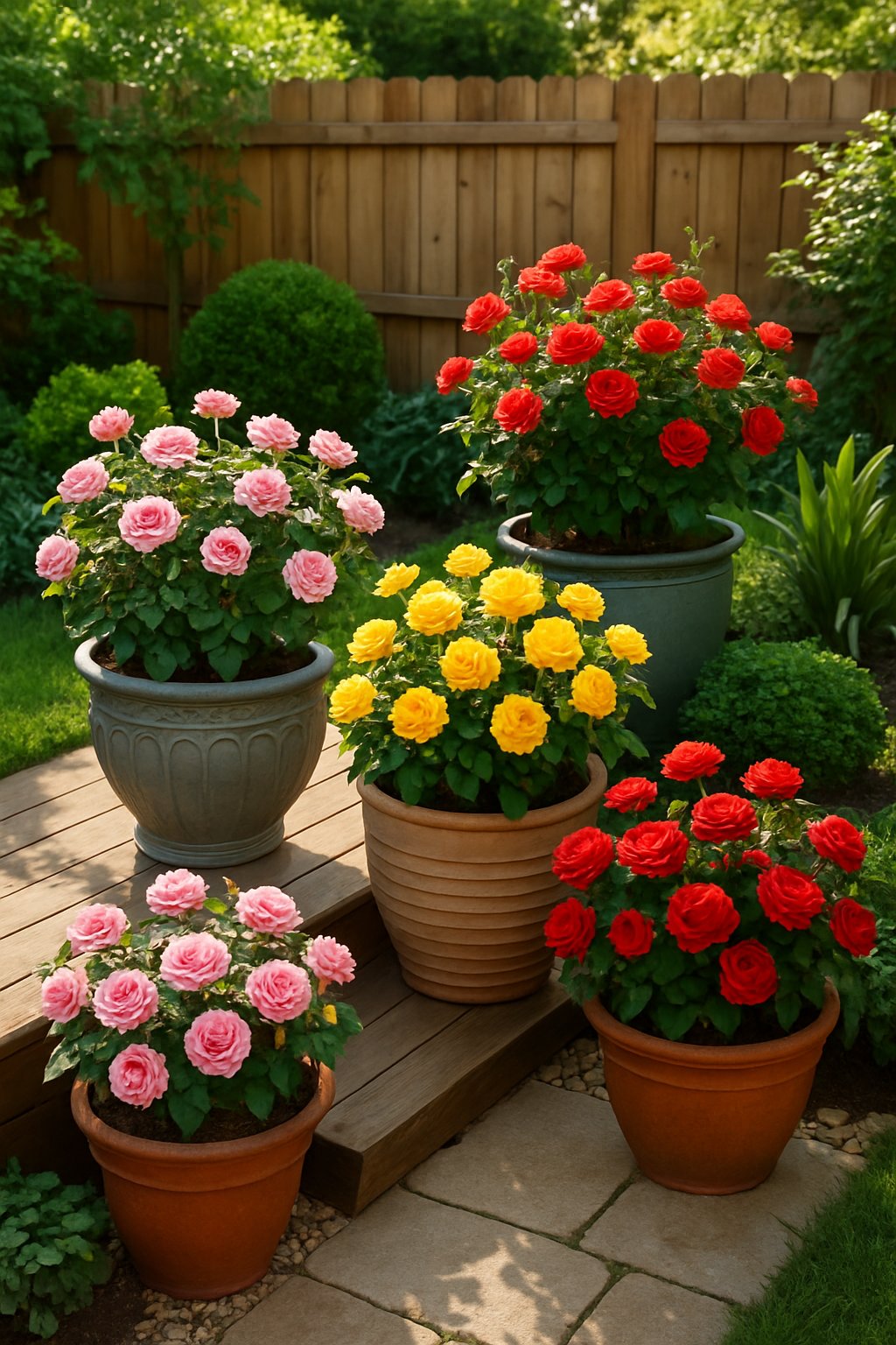 A backyard garden with several containers of blooming dwarf roses arranged on a wooden deck and stone patio surrounded by green plants.