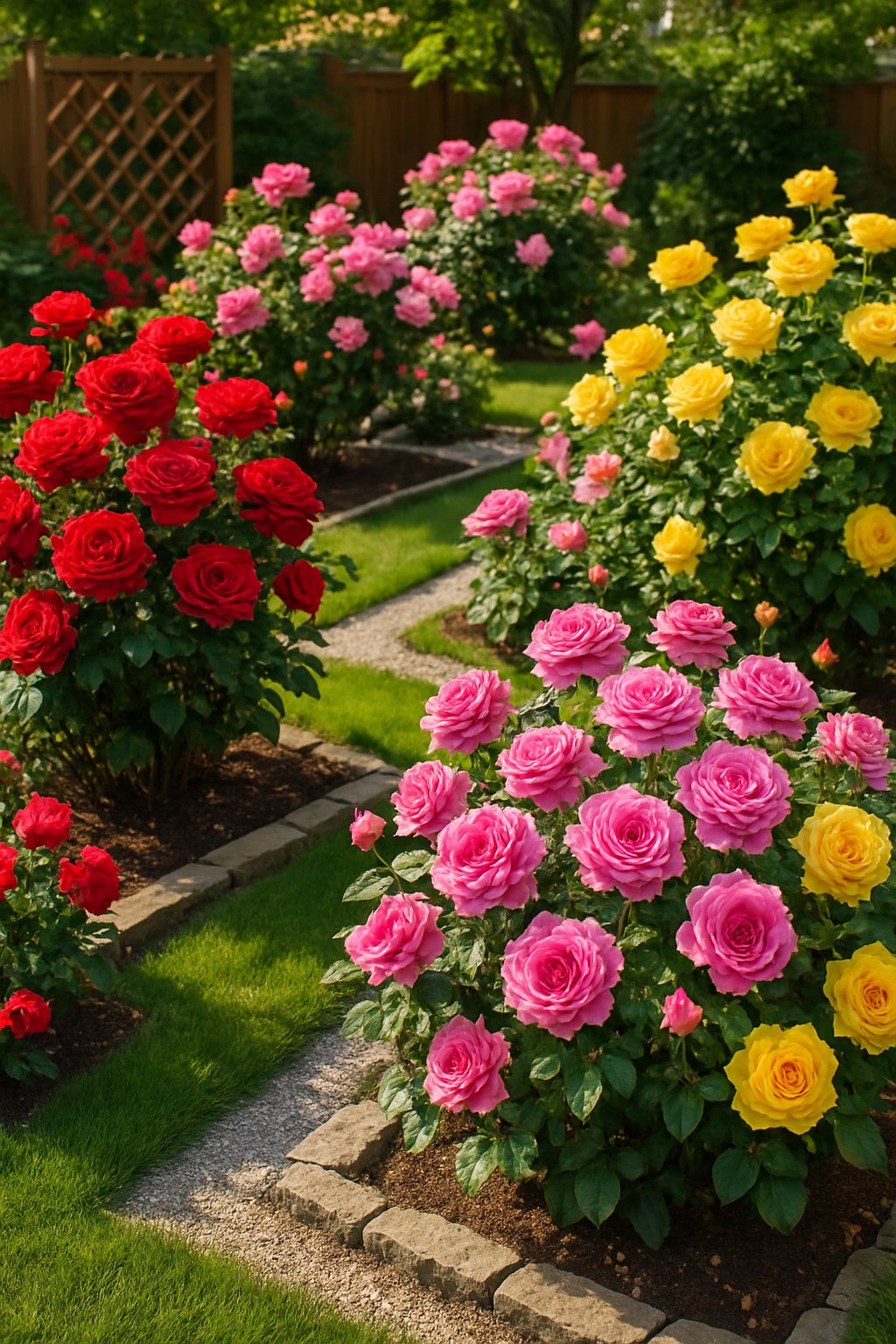 Backyard rose garden with clusters of red, pink, and yellow roses blooming among green plants and garden paths.
