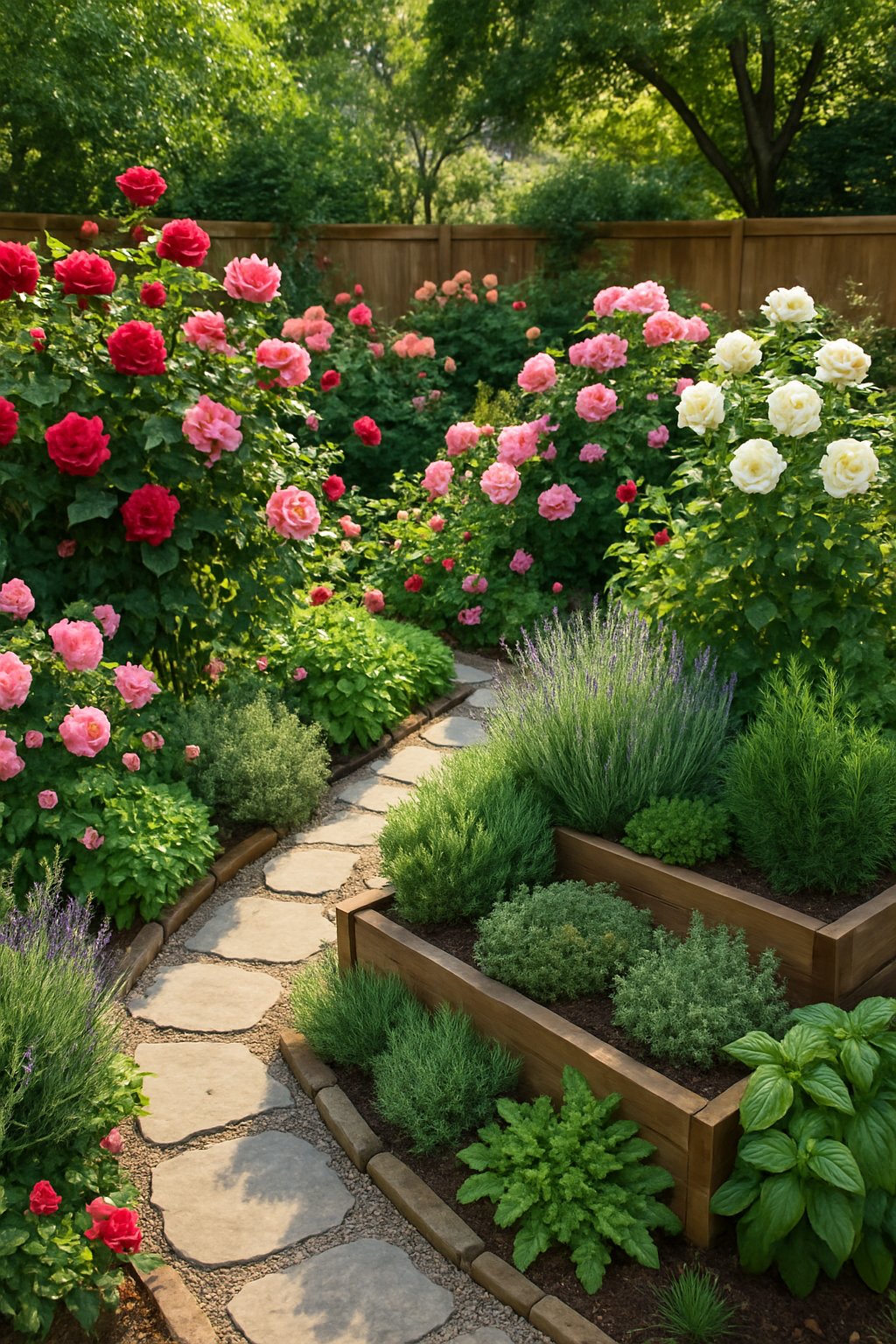 A backyard garden with blooming roses and various green herbs arranged along stone paths and raised beds, surrounded by trees and a wooden fence.