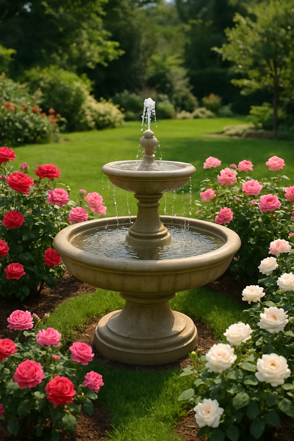 A small water fountain surrounded by blooming rose bushes in a backyard garden.