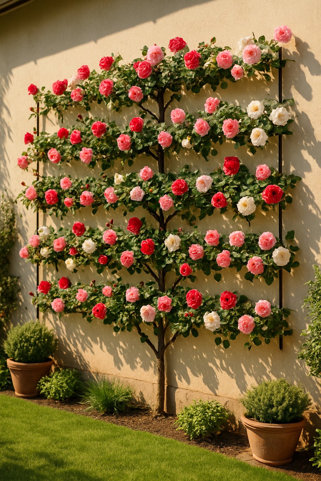 A backyard garden with rose bushes trained flat against a sunny wall using espalier pruning, showing blooming roses and green leaves.