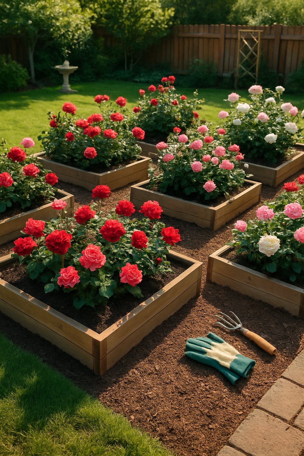 A backyard rose garden with multiple wooden raised beds filled with blooming roses and garden paths, surrounded by green grass and a wooden fence.
