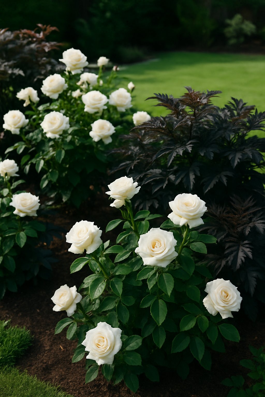 A backyard garden with white roses surrounded by dark-leaved plants creating a vivid contrast.