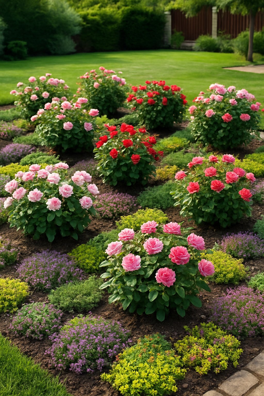 A backyard garden with multiple small rose bushes surrounded by colorful ground cover plants and a green lawn.