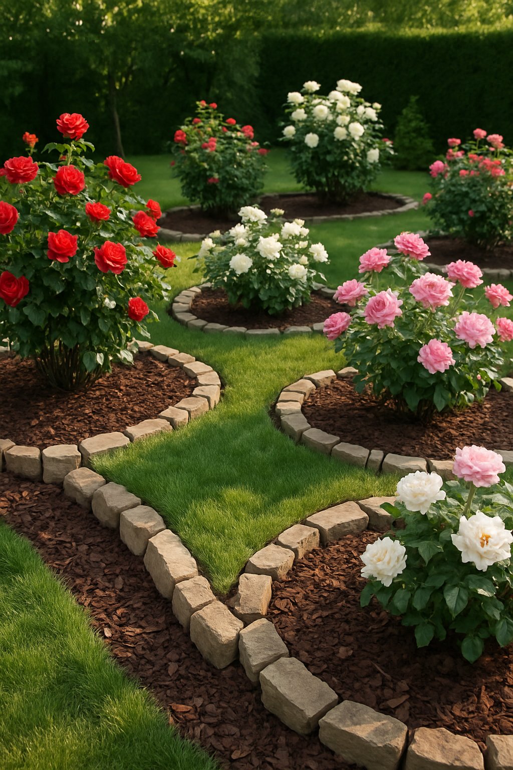 A backyard rose garden with blooming roses bordered by decorative rocks and mulch.
