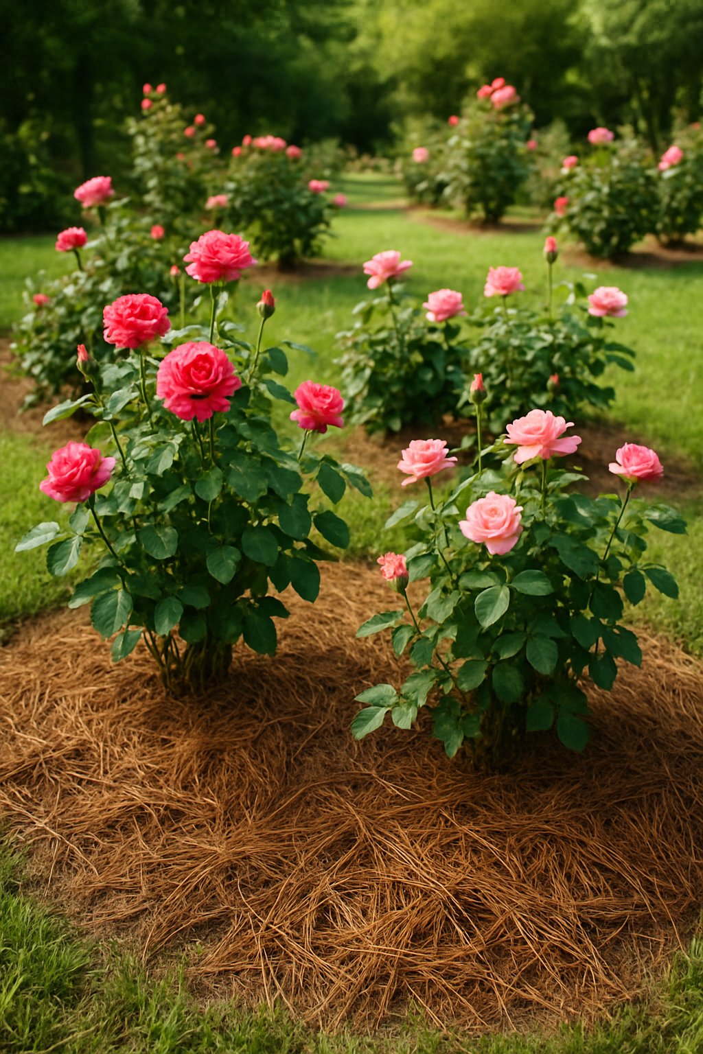 A backyard rose garden with blooming roses and pine needle mulch around the plants.