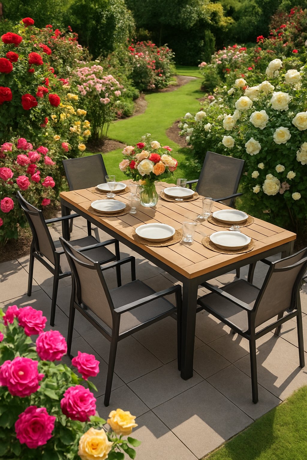 Backyard patio with outdoor dining table surrounded by blooming rose bushes in various colors.