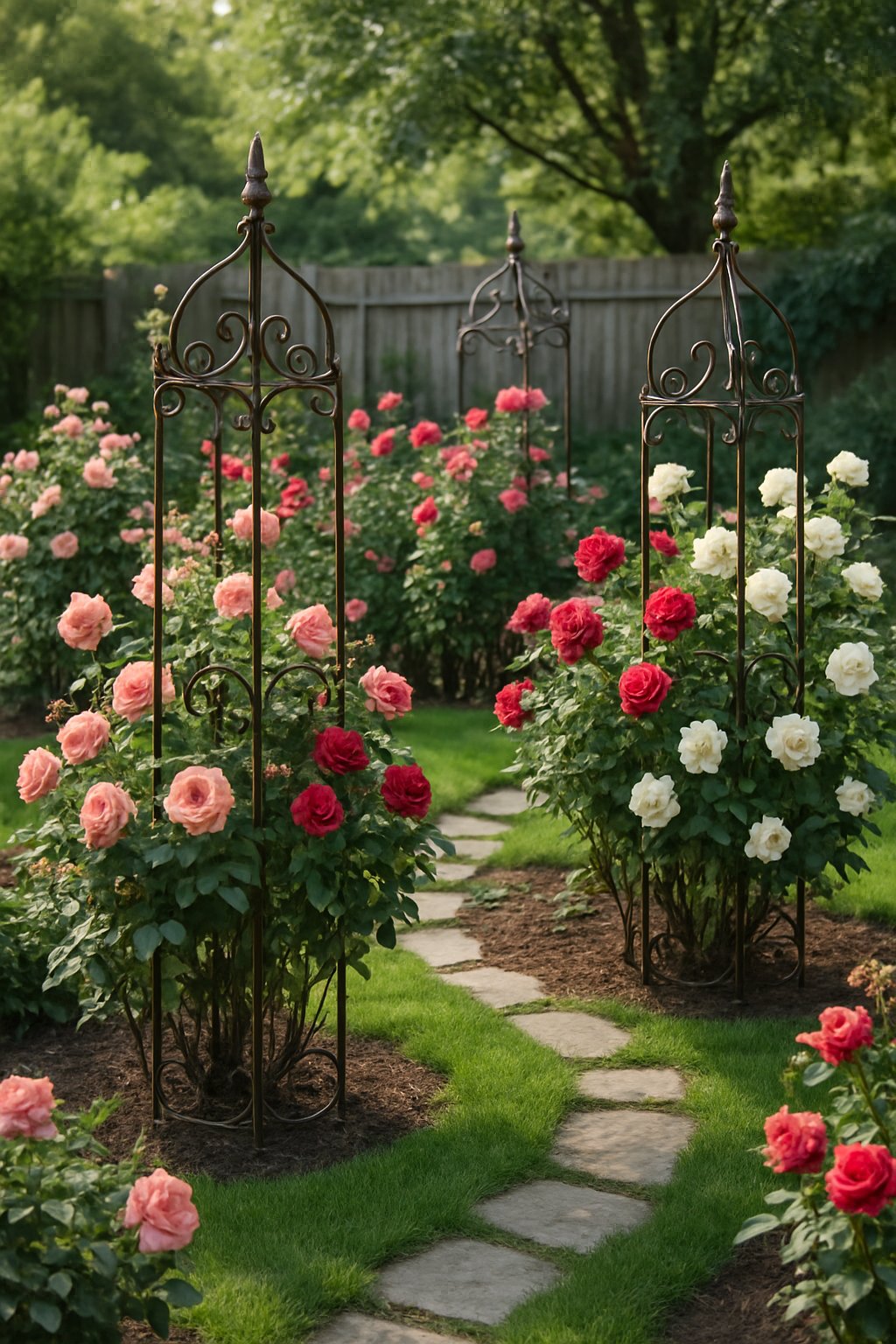 A backyard garden with blooming rose bushes supported by decorative iron structures, green grass, and a rustic wooden fence in the background.