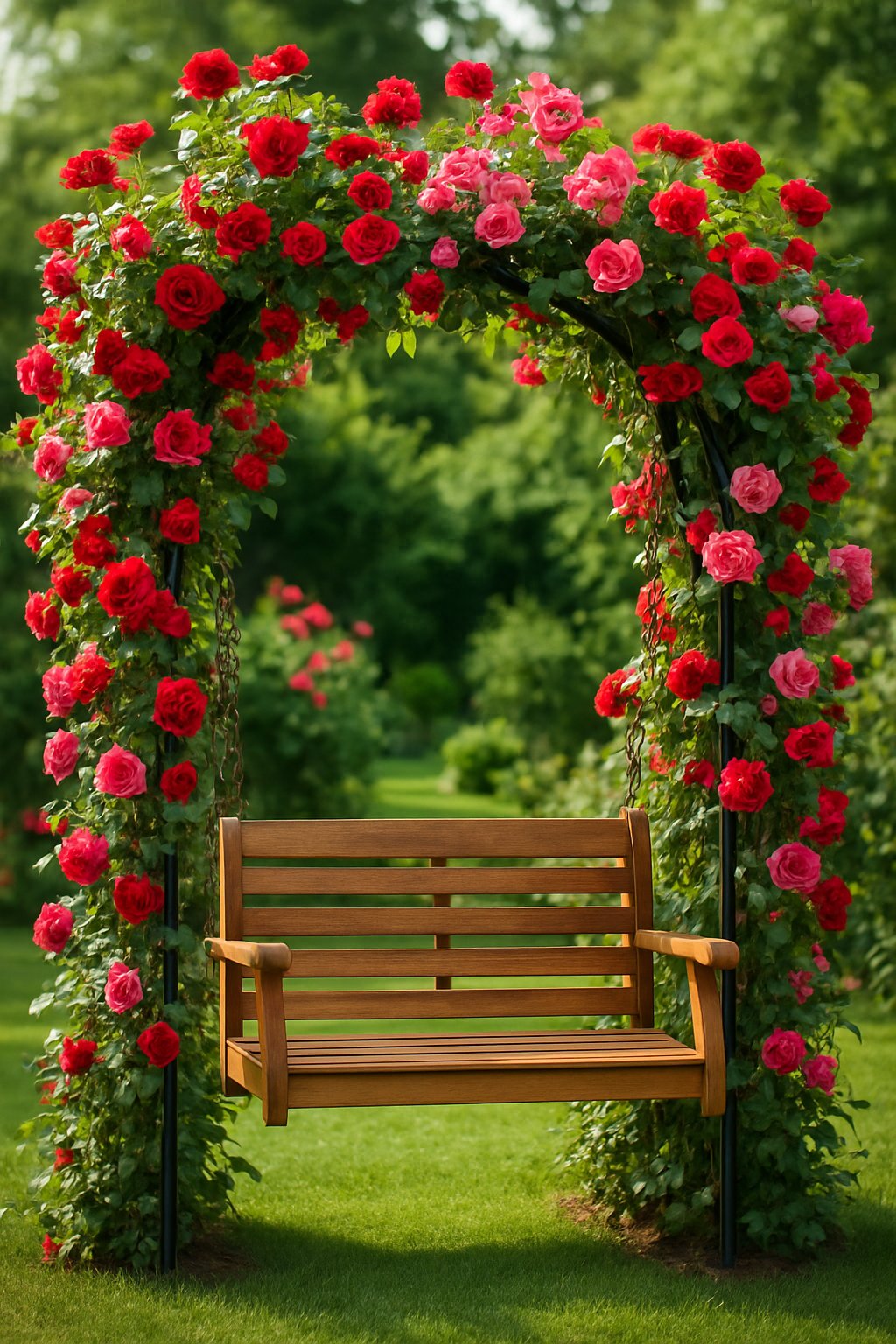 A wooden garden swing surrounded by blooming climbing roses in a backyard garden.