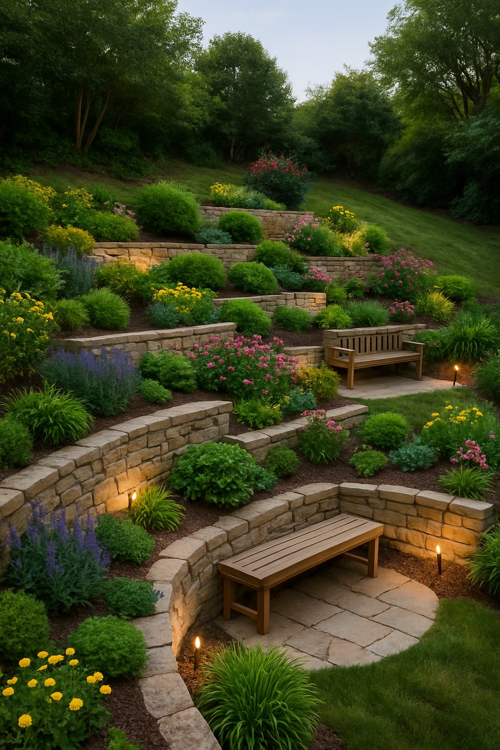 Backyard with terraced garden beds on a hillside filled with plants and flowers.