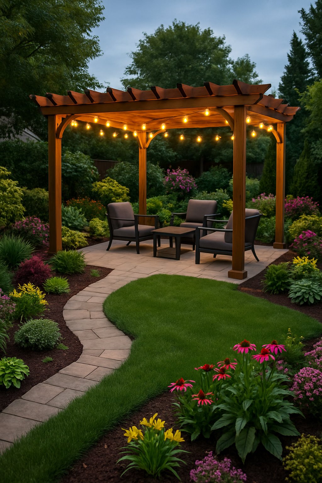 A backyard with a wooden pergola decorated with string lights, surrounded by grass, plants, and outdoor seating.