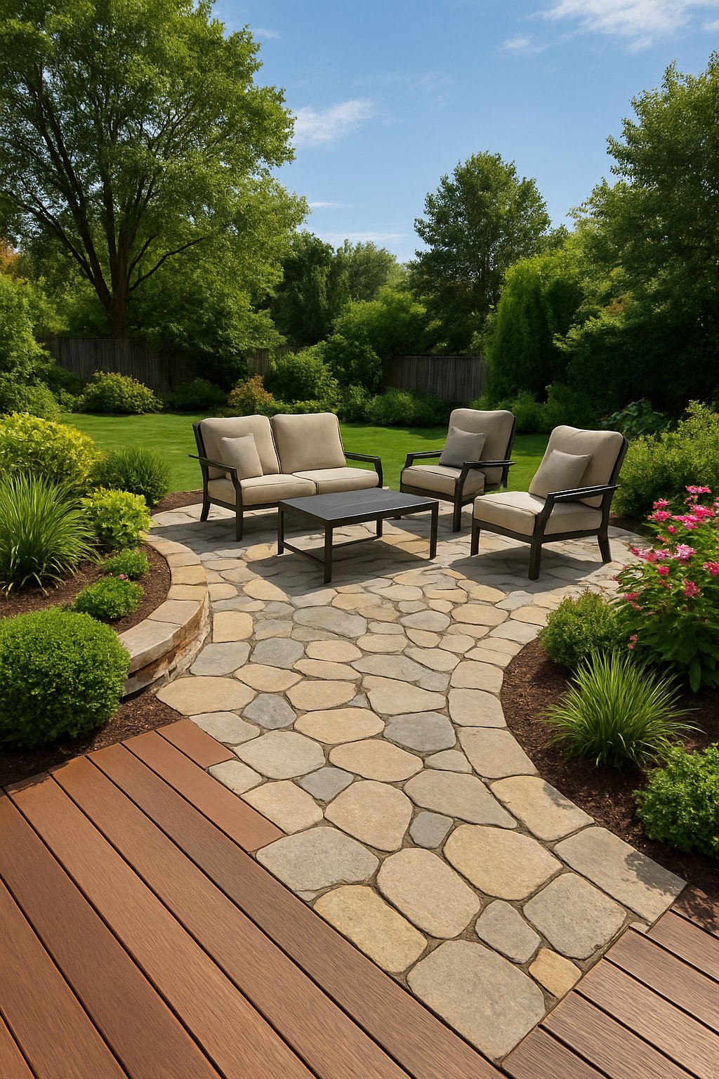 Backyard patio with a combination of stone pavers and wooden decking surrounded by plants and outdoor furniture.