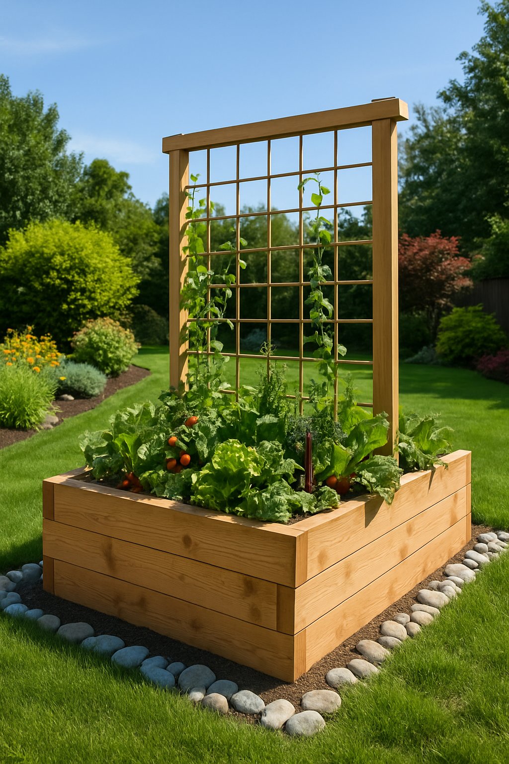 A raised vegetable garden with a wooden trellis in a backyard surrounded by green grass and plants.