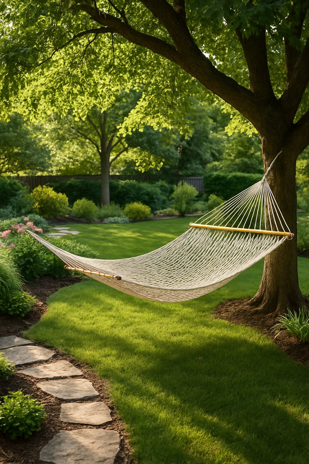 A hammock hanging under a large shade tree in a landscaped backyard with grass and plants.