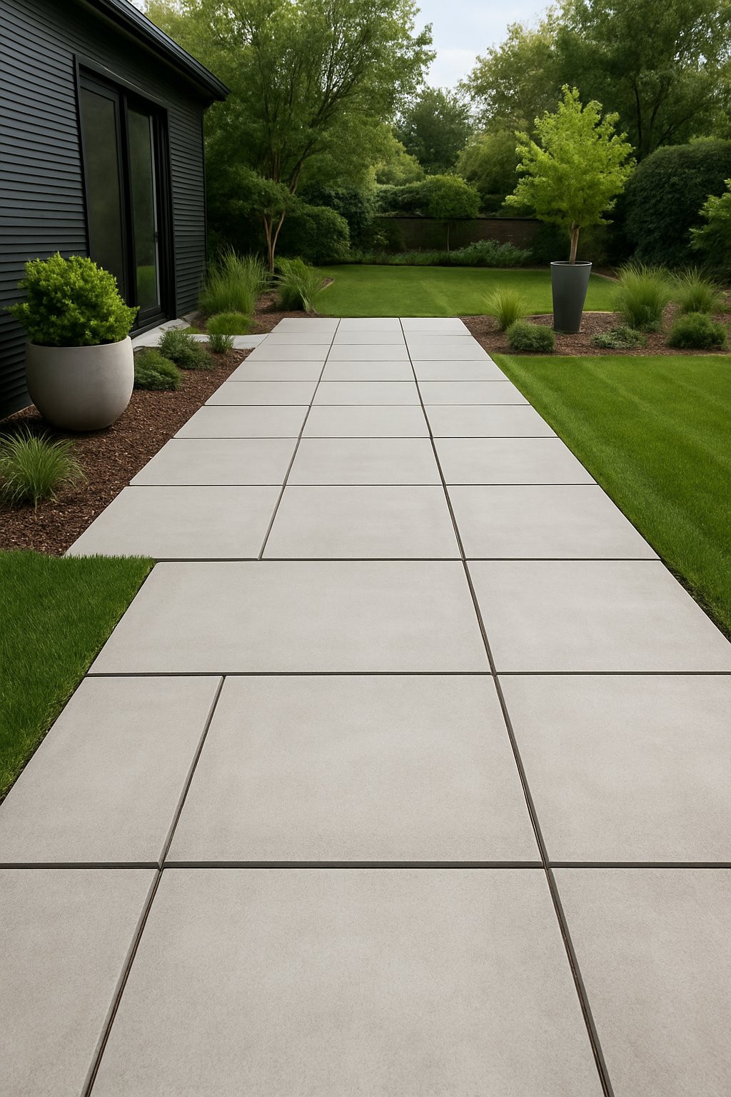 A spacious backyard with neatly arranged concrete paving slabs surrounded by green grass and small plants under natural daylight.