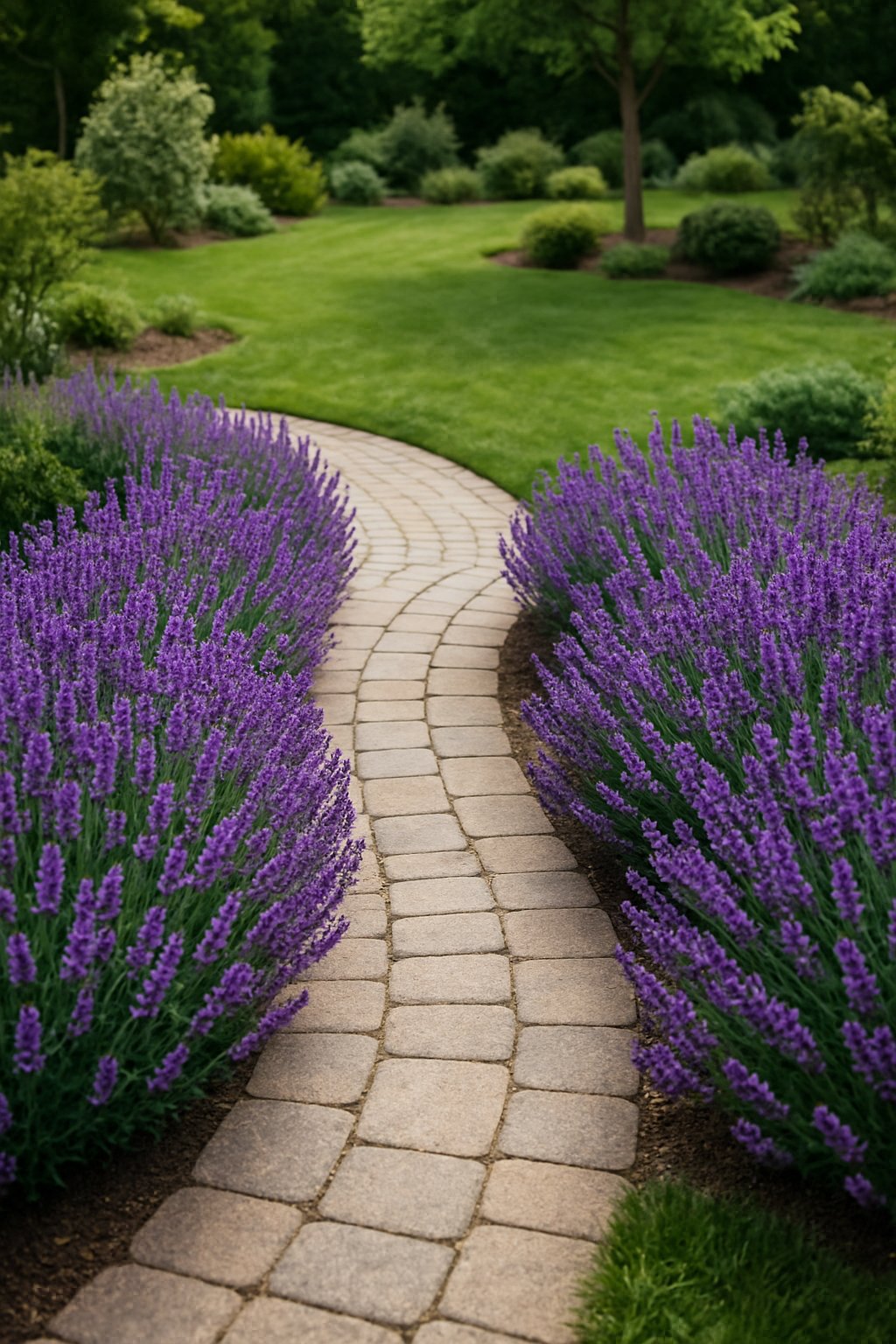 A curved stone pathway lined with blooming lavender plants in a backyard garden.