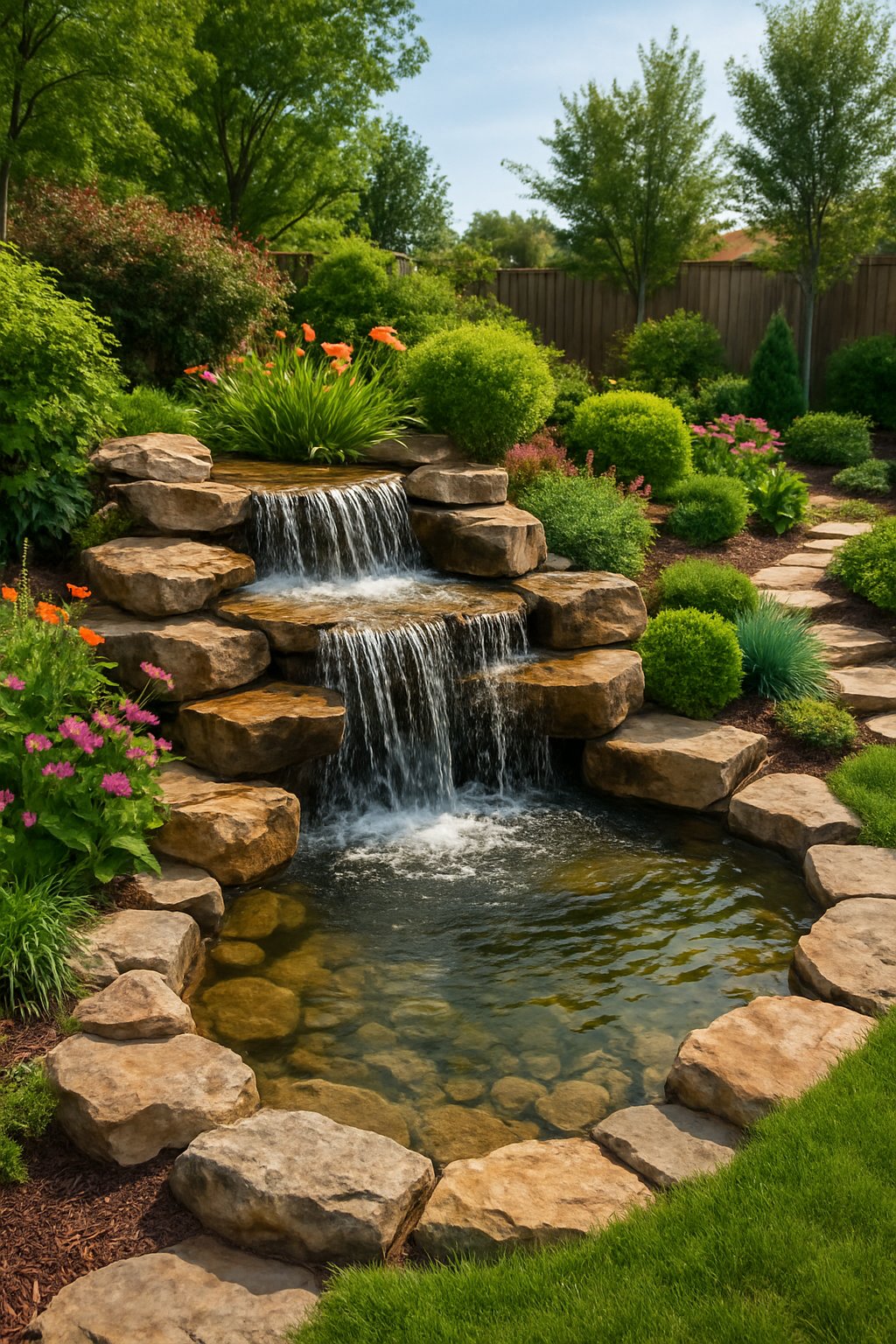A backyard with a natural rock waterfall flowing into a pond surrounded by plants and landscaping.