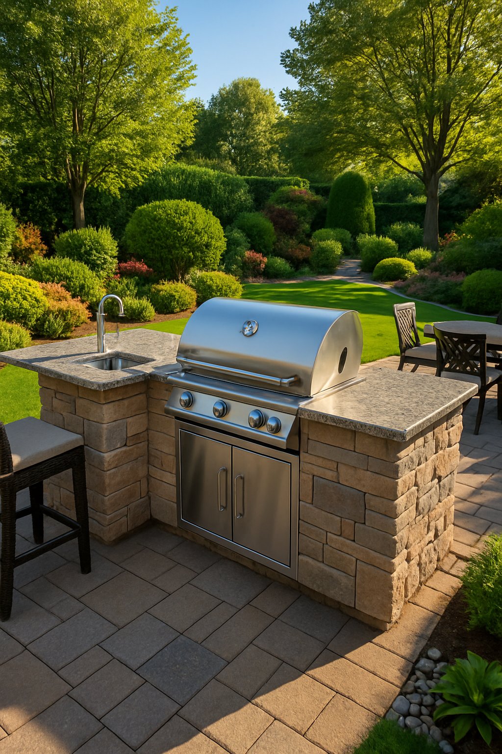 A built-in outdoor kitchen island surrounded by landscaped backyard with plants, trees, stone pathways, and outdoor seating.