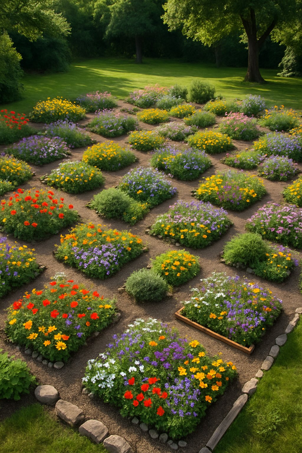 A backyard garden with 25 colorful wildflower patches arranged among green plants and natural pathways.
