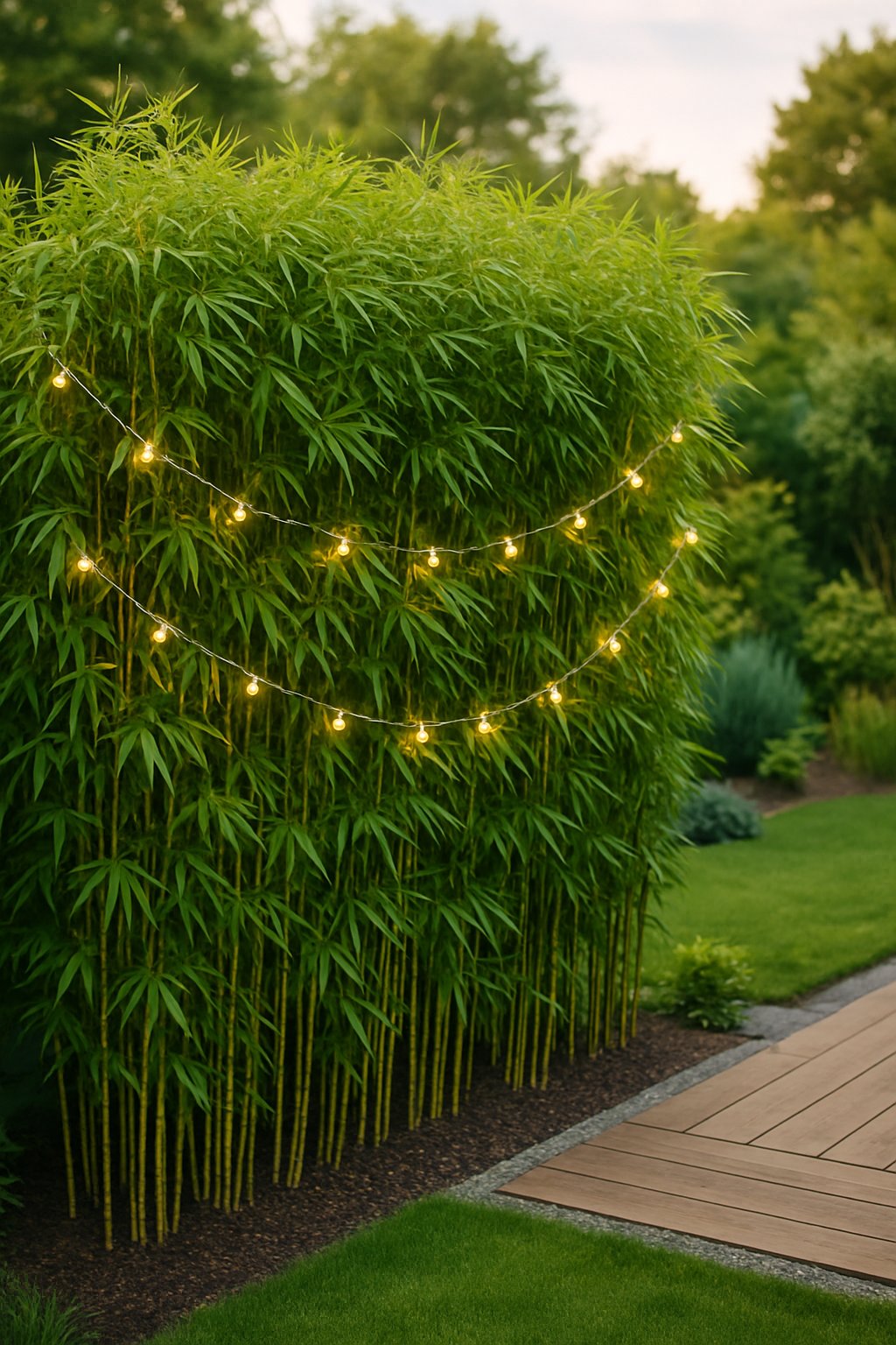 A bamboo privacy screen decorated with warm white fairy lights in a backyard garden with grass and plants.