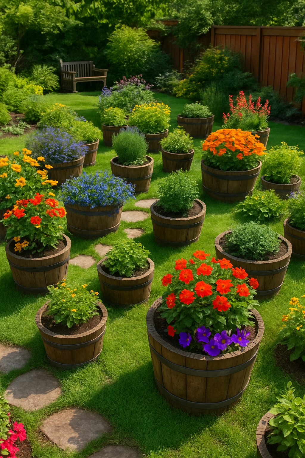 A backyard with multiple wooden barrel planters filled with flowers and plants, surrounded by grass, stone paths, and garden furniture.