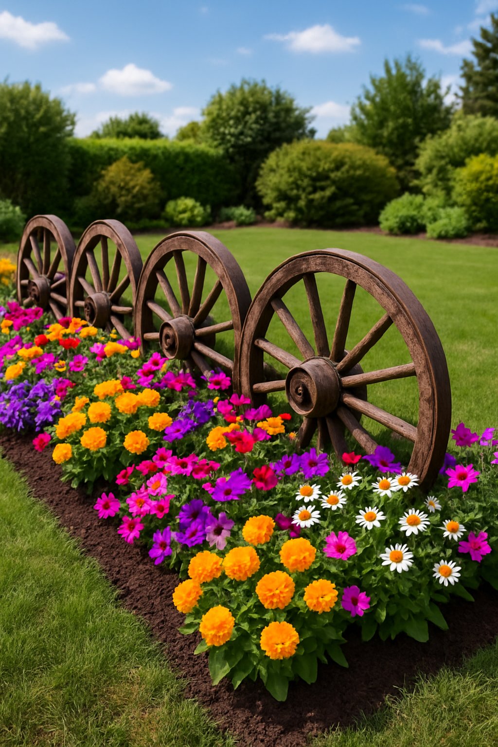 A backyard flower bed bordered by vintage wooden wagon wheels with colorful flowers and green lawn in the background.
