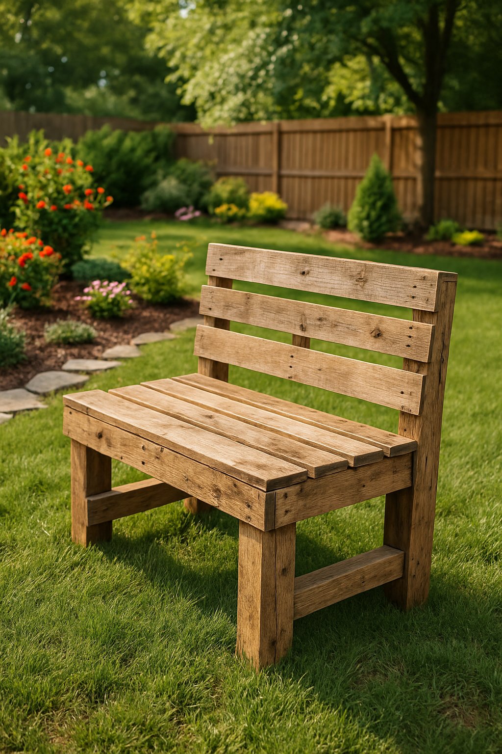A wooden pallet bench in a backyard garden surrounded by grass, flowers, and trees.