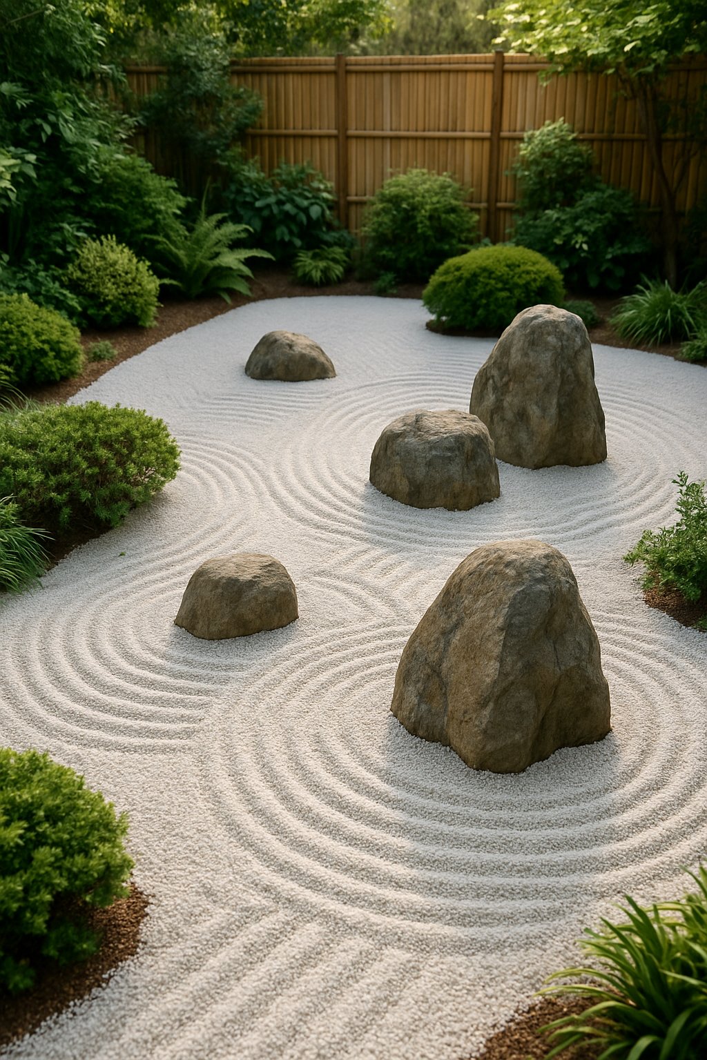 A backyard garden with raked gravel and stones arranged among plants and greenery.