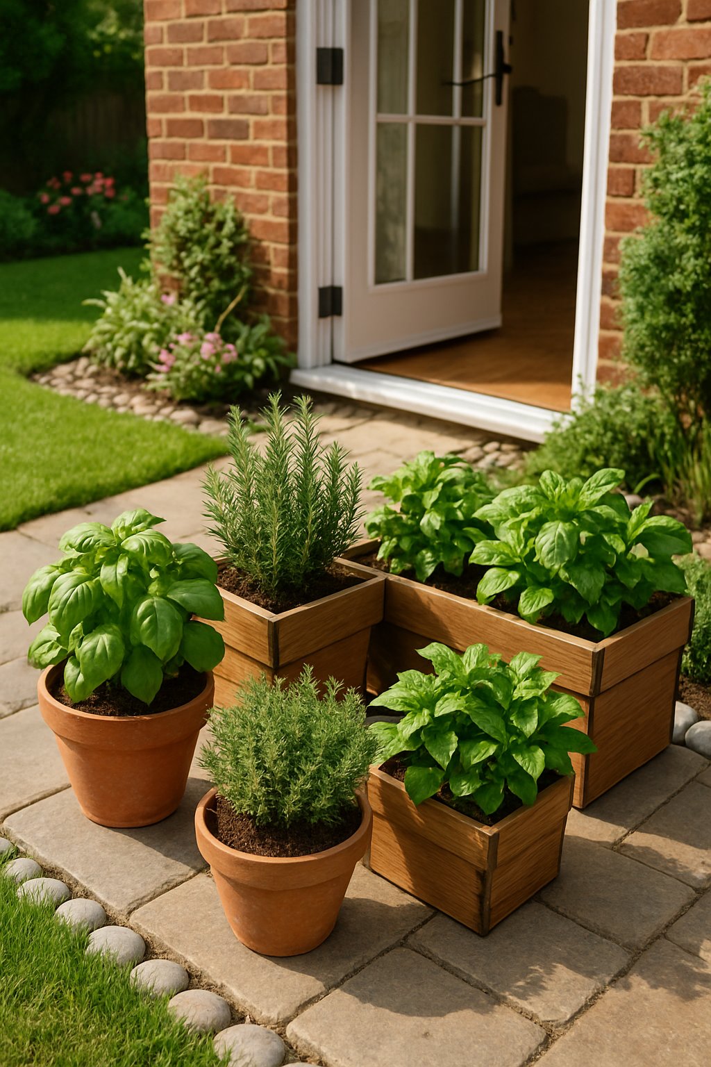 Mini herb garden with various green herbs in pots near a backdoor in a backyard with grass and plants.
