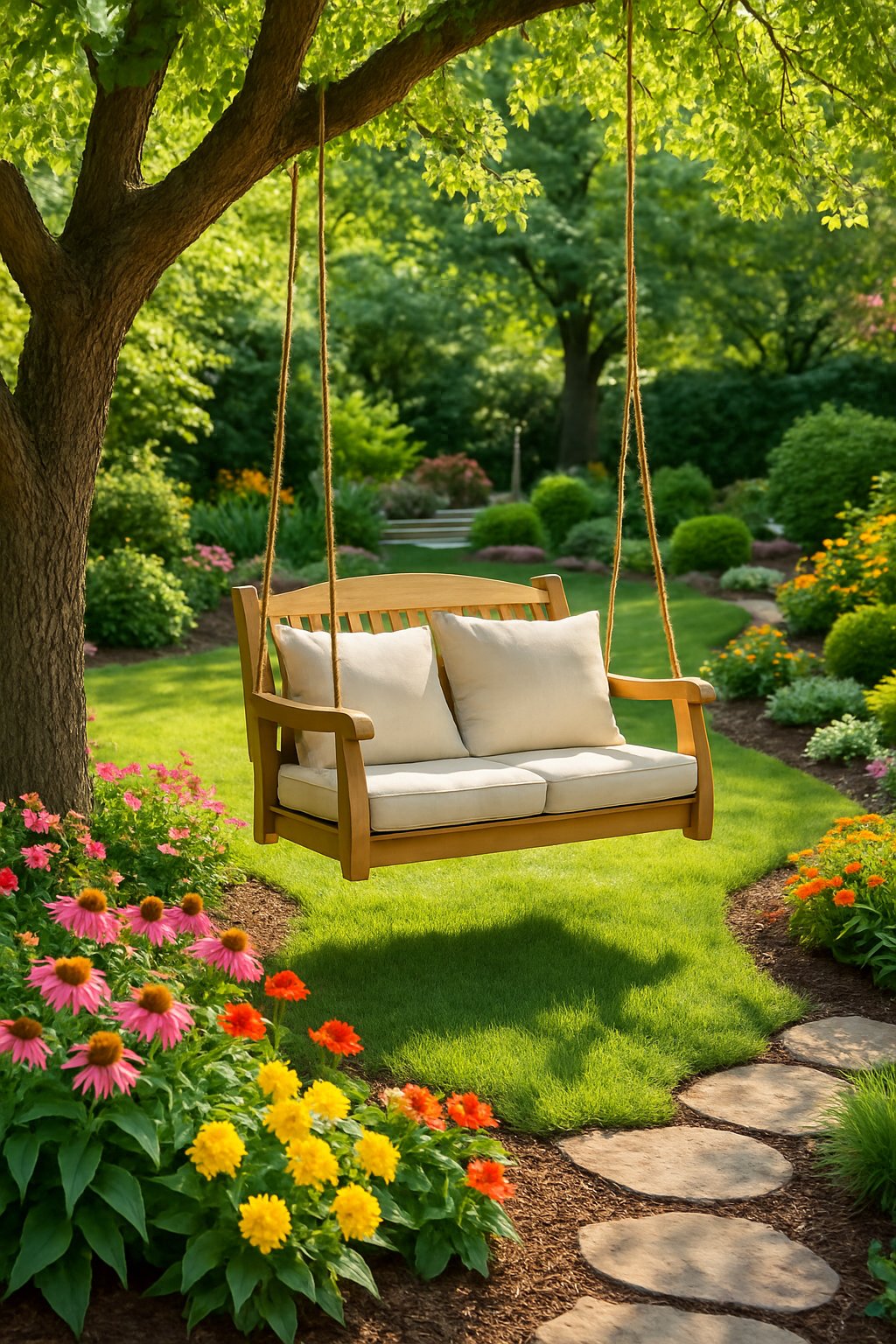 A garden swing hanging from a tree surrounded by flowers, shrubs, and a green lawn in a backyard.