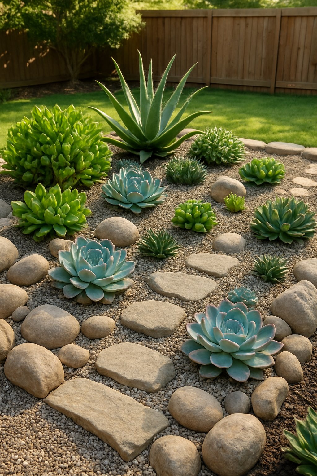 A backyard rock garden with various succulent plants and smooth decorative stones arranged neatly.