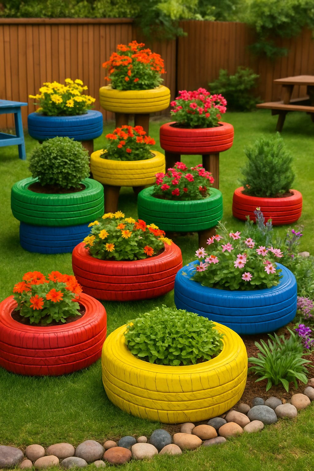 Backyard with multiple colorful painted tire planters filled with plants and flowers arranged in a landscaped garden.