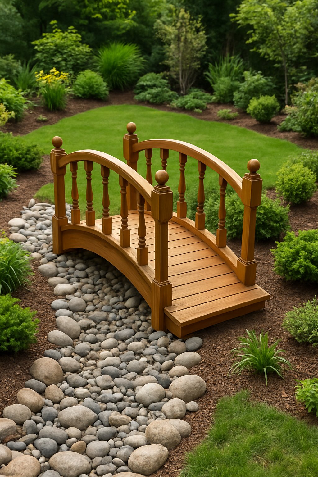 A wooden garden bridge over a dry creek bed surrounded by green plants and landscaping in a backyard.