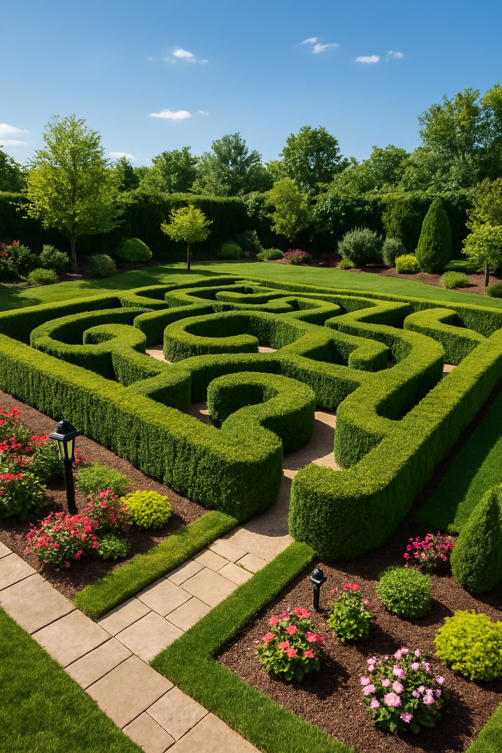 A backyard with a green hedge maze surrounded by flower beds, grass, and garden decorations under a clear sky.