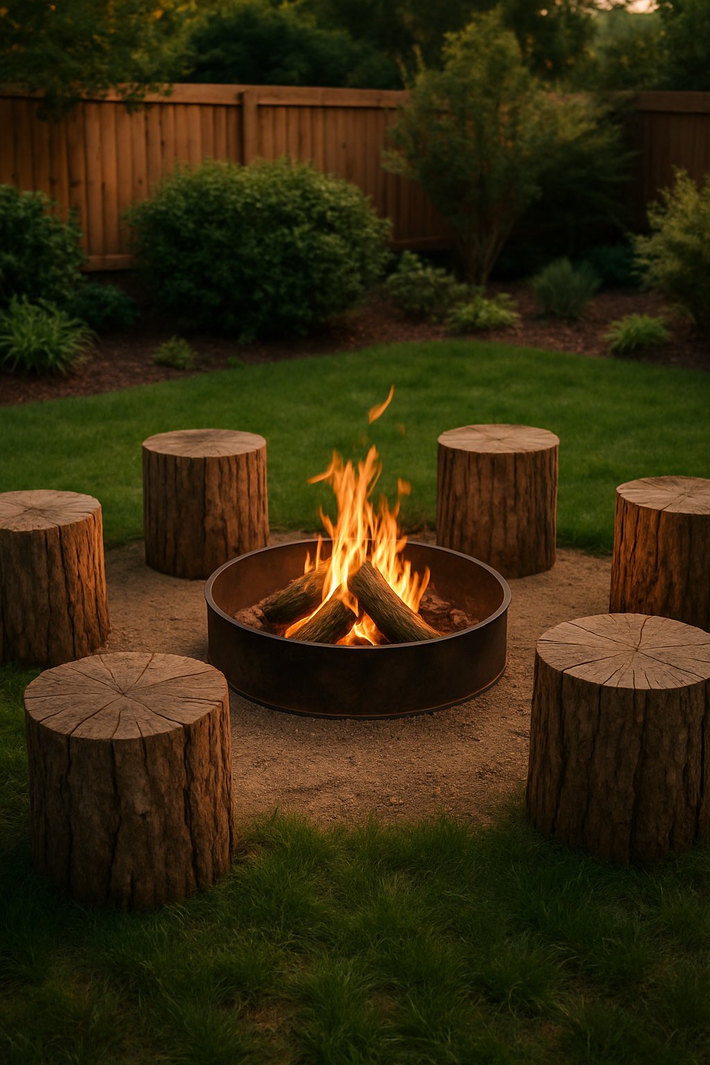 A backyard with rustic log seats arranged around a campfire pit surrounded by grass and plants.