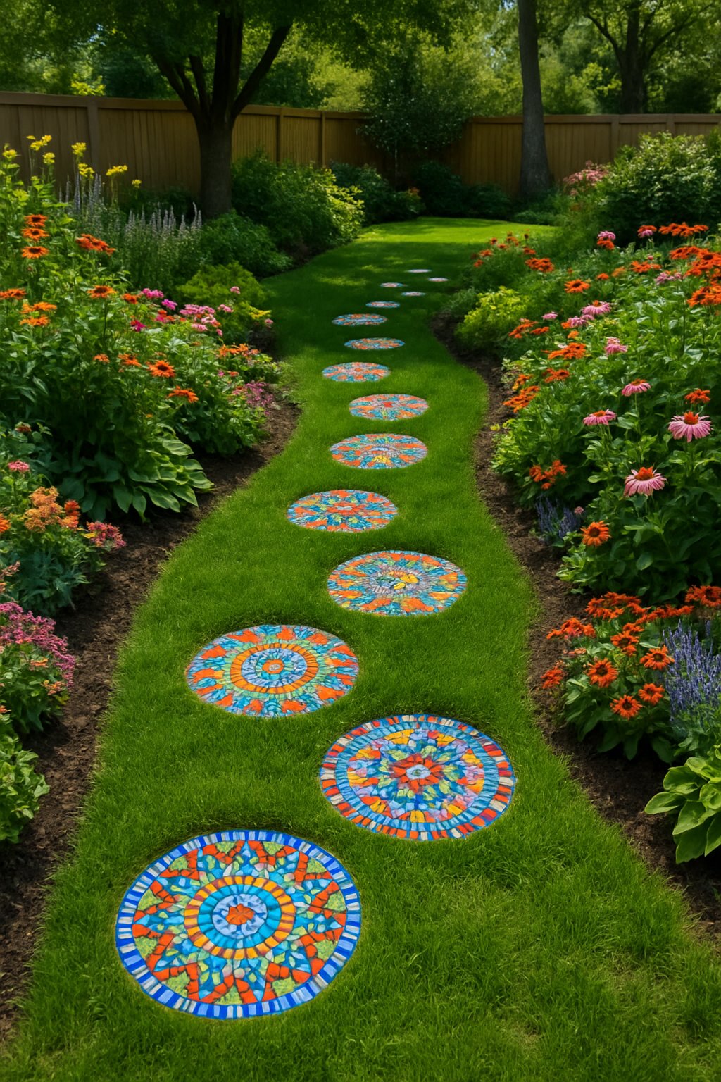 A backyard with a winding path of colorful mosaic stepping stones surrounded by green grass and flowering plants.