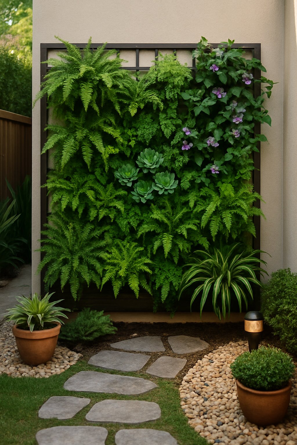 A vertical garden wall with various green plants and flowers arranged on a small backyard wall, surrounded by a stone pathway and potted plants.