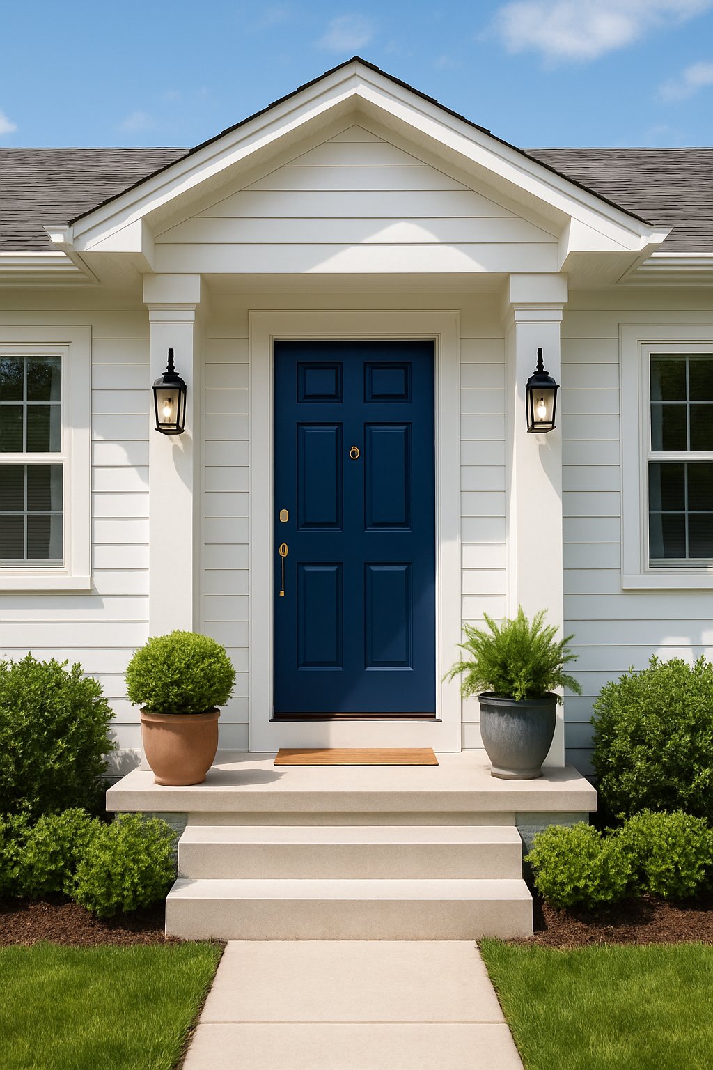 Front view of a house with a bold navy blue front door, surrounded by green plants and a well-kept lawn.