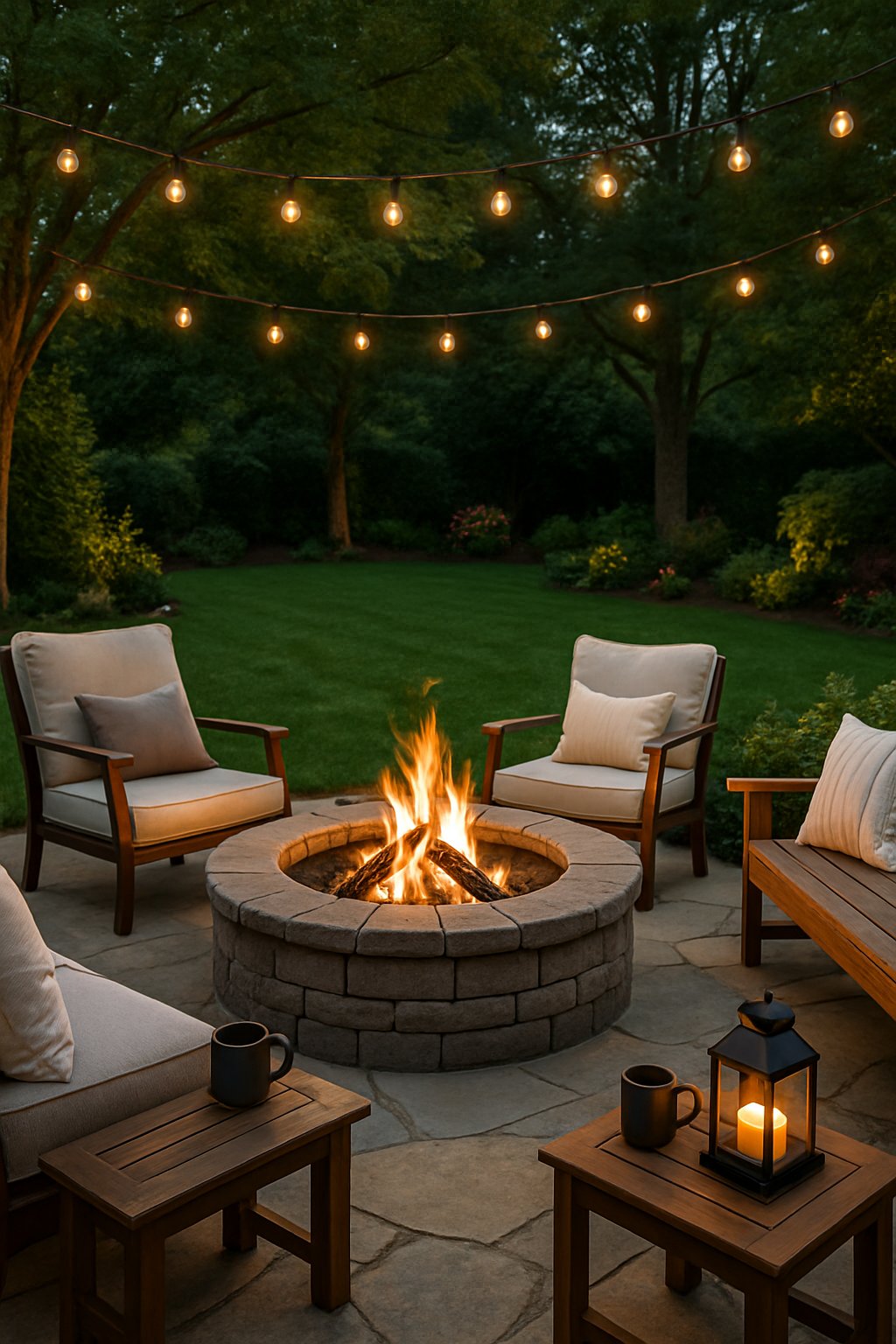 A backyard fire pit area with stone seating, cushions, string lights, and surrounding greenery.