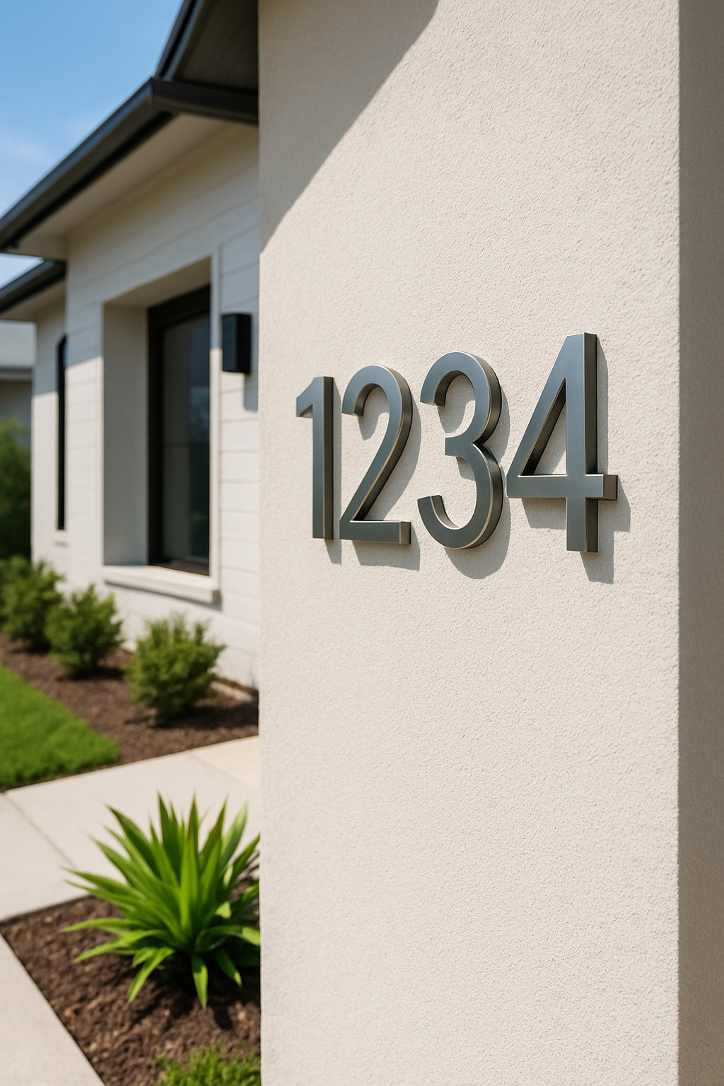 Close-up of modern house numbers mounted on a residential exterior with plants and part of the front door visible.