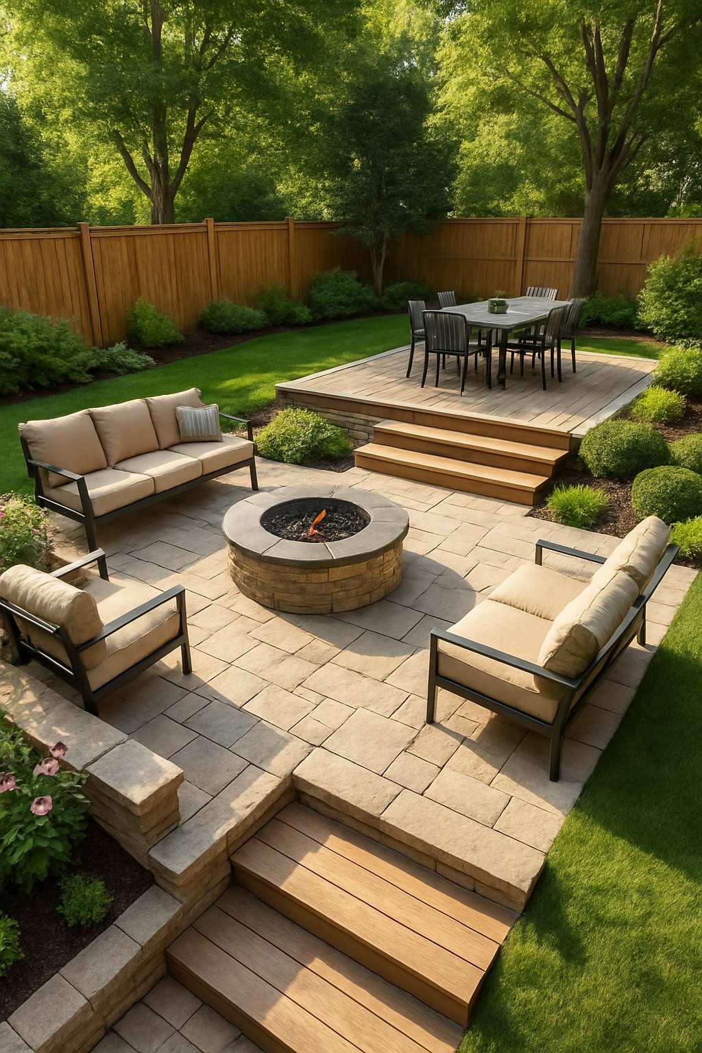 A backyard with a multi-level patio featuring seating areas, dining space, green grass, and surrounding plants.