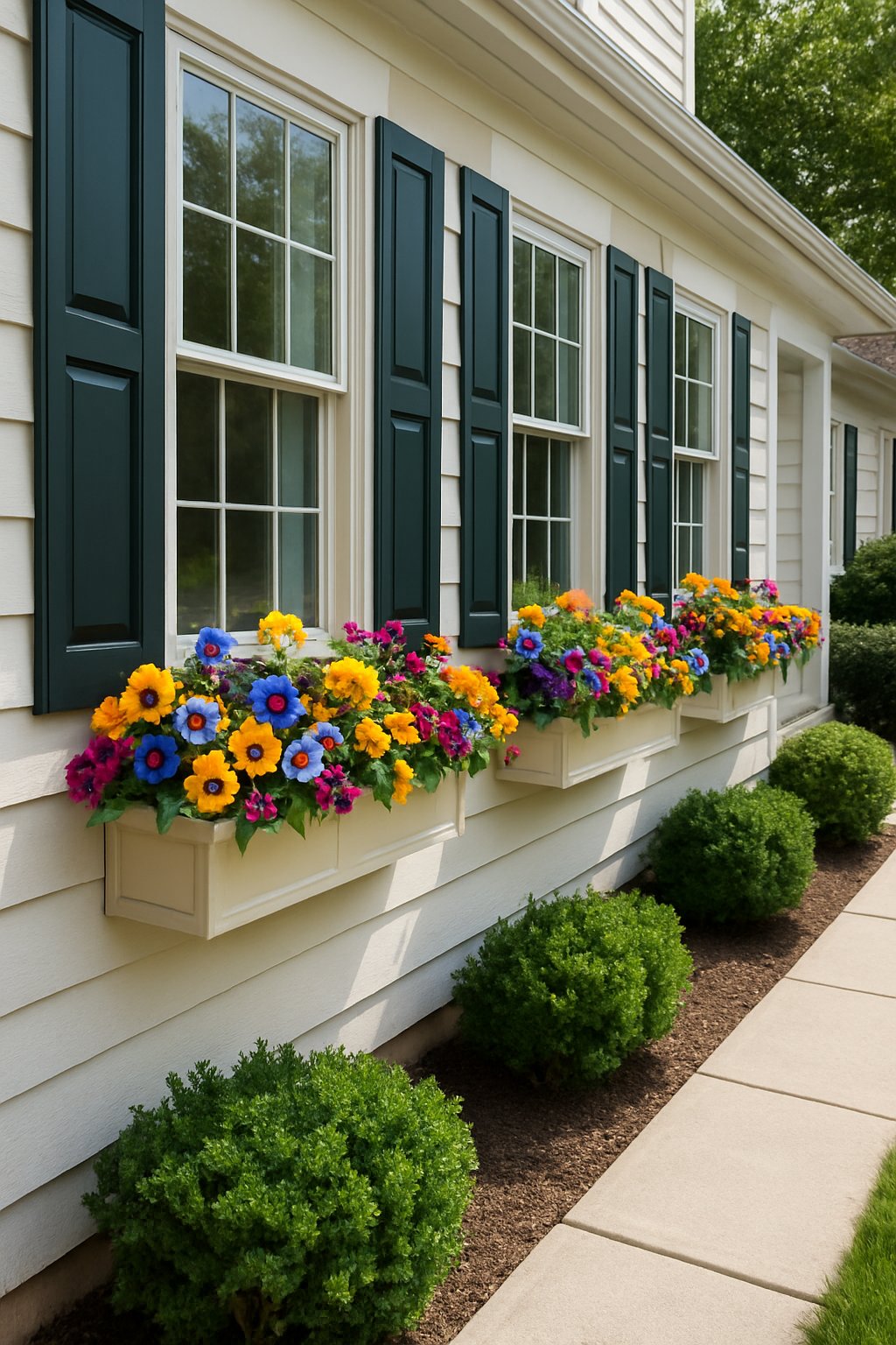 A house exterior with window boxes filled with colorful seasonal flowers beneath the windows.