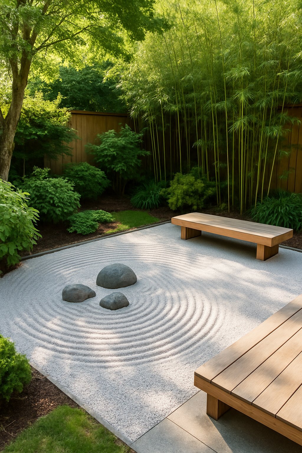 A peaceful backyard corner with a Zen garden featuring raked gravel, stones, wooden seating, and surrounding green plants.